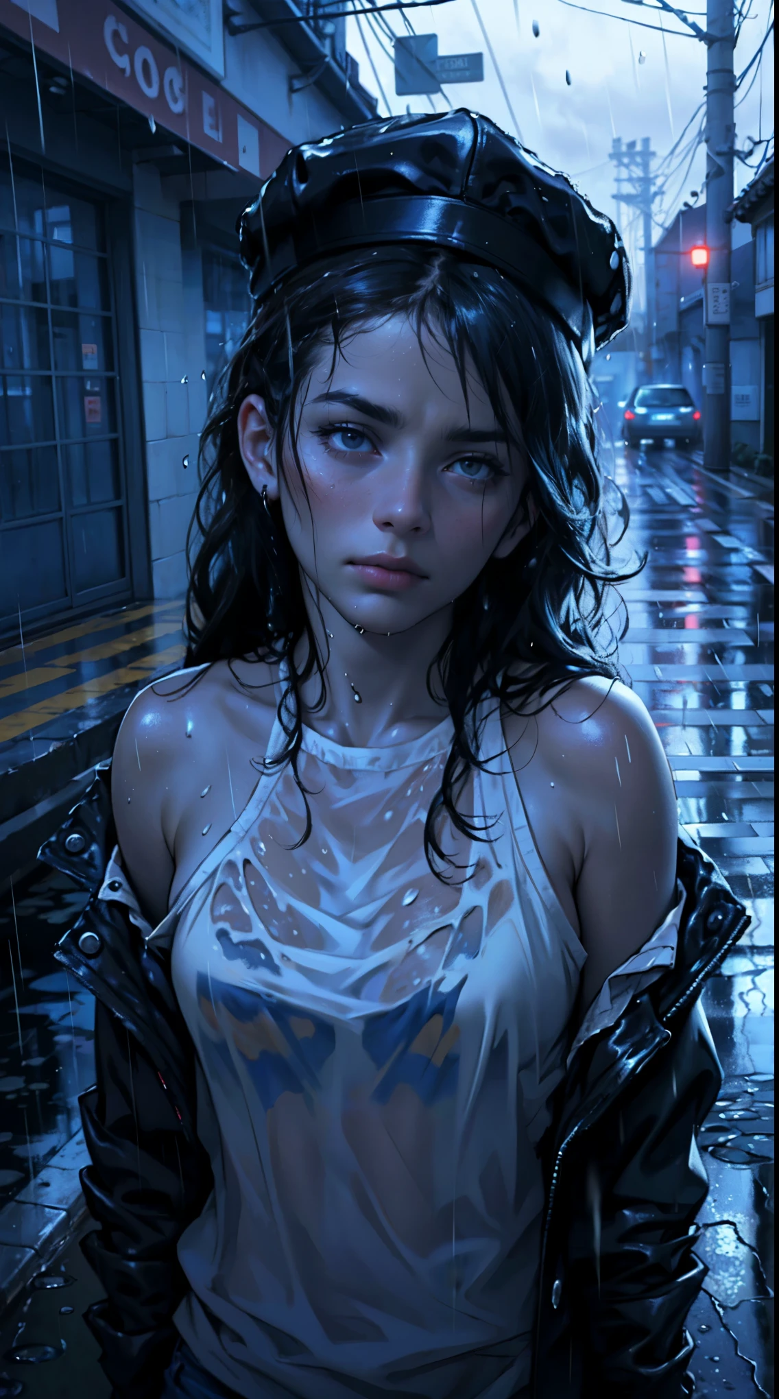 ( best quality,4k,8k,highres,masterpiece:1.2),ultra-detailed,(realistic,photorealistic,photo-realistic:1.37),rainy scene,stressed,outdoor,gloomy atmosphere,realistic droplets on the face,drenched clothes,dark colors,despair,desolation,loneliness,lost in thoughts,emotional,wet street,running mascara on his face,tears streaming down his cheeks,hat soaked with rain,water dripping from his hair,hunched shoulders,visible sadness,pouring rain,thunderstorm,tempestuous weather,misery,deep sorrow,heartache,negative emotions,despairing expression,cold and wet,paleness,heavy rain falling,wet pavement,teardrops falling rapidly,solitude,devastation.