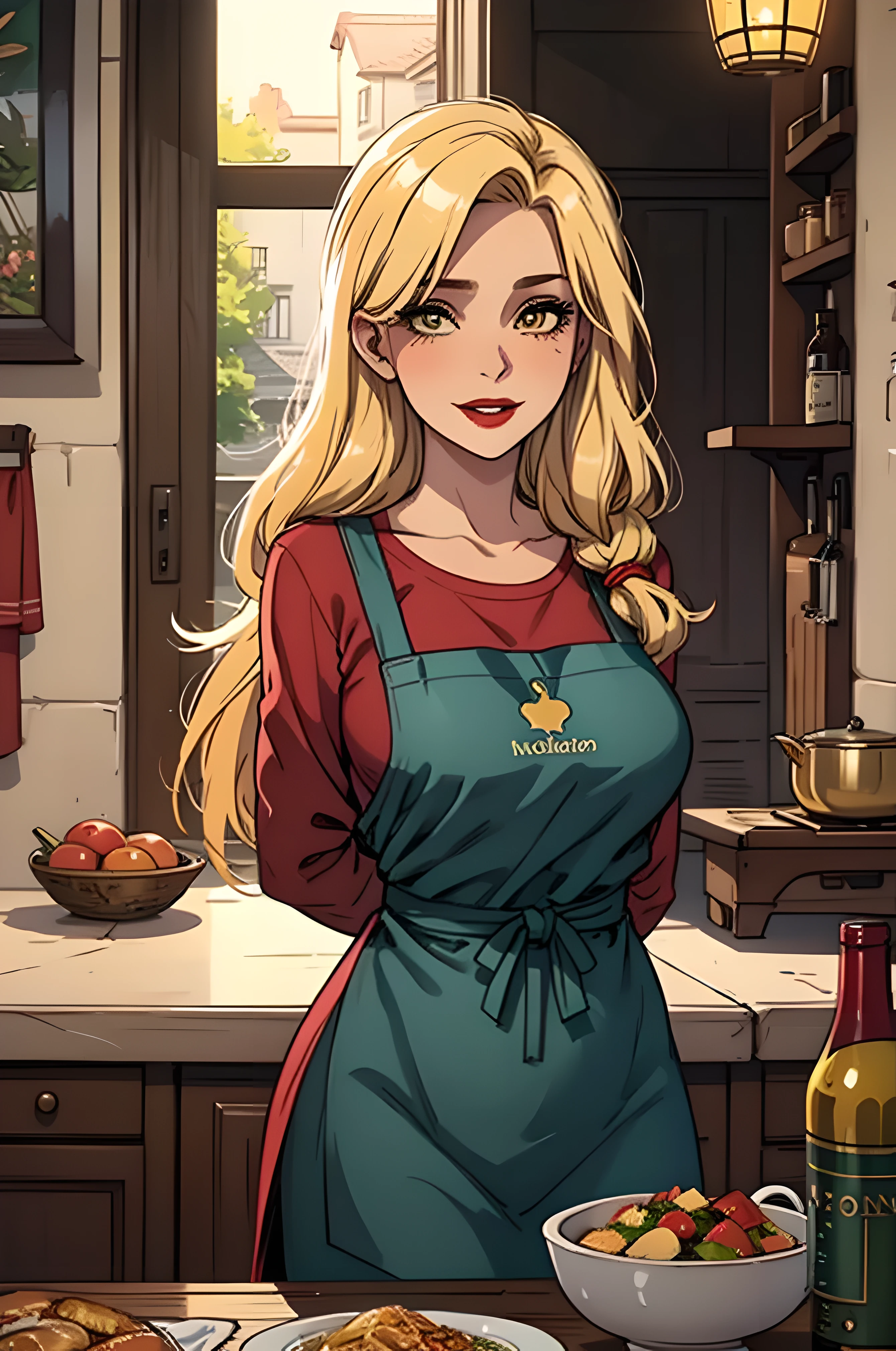 Masterpiece, best quality, 30 years old, traditional house wife, motherly figure, portrait, portrait style photo, female, olive skin, face in center of photo, arms behind back, loving expression, excited expression,no make-up, red lips, modest clothing and apron, long flowing hair, pastel yellow hair, country house kitchen setting, hazel eyes, beautiful