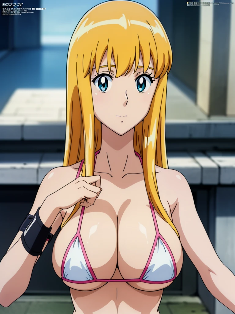 (anime cels style, Masterpiece, best quality, high resolution, anime colored, megami magazine:1.2, anime poster style, anime keyvisual, sharp, 8k, photorealistic), (beautiful eyes:1.5), reiko_aiwaifu, 1girl, blond hair, long hair, (sagging huge breast), micro bikini, cleavage, (upper body:1.3), (perfect detailed anatomy, perfect arms, perfect fingers, beautiful face, perfect body, shiny skin), onsen,