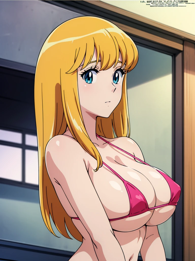 (anime cels style, Masterpiece, best quality, high resolution, anime colored, megami magazine:1.2, anime poster style, anime keyvisual, sharp, 8k, photorealistic), (beautiful eyes:1.5), reiko_aiwaifu, 1girl, blond hair, long hair, (sagging huge breast), micro bikini, cleavage, (upper body:1.3), (perfect detailed anatomy, perfect arms, perfect fingers, beautiful face, perfect body, shiny skin), onsen, 