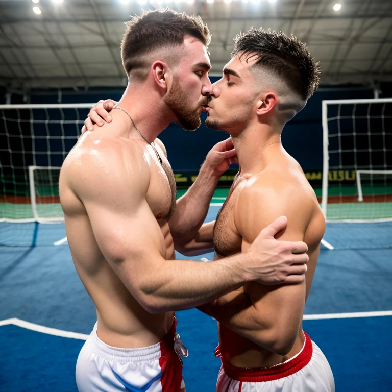 Travis Kelce macho musculoso de futbol americano sin camisa, groped and kissed by a very thin effeminate gay , bulto grande, mostrando pectorales y abdominales completos,wet dreams, besos, gay pornographic, fondled