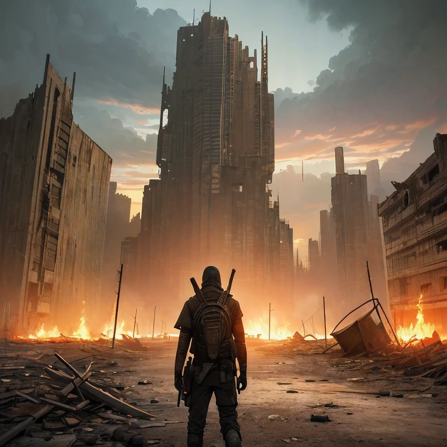 (Post-Apocalyptic Wasteland, Desolate atmosphere, Dystopian landscape), postmodern wasteland, (a survivor:1.4), flame, (8k, RAW photos, best quality, masterpiece, realistic, photograph realistic:1.2)