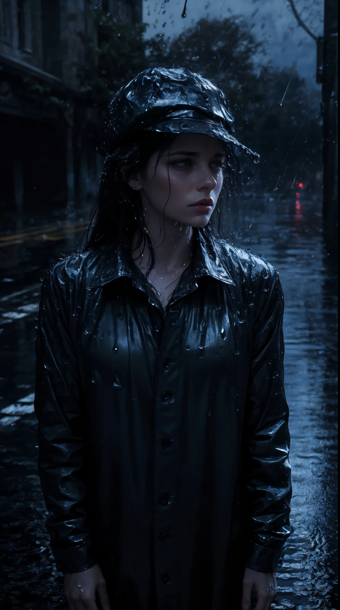 ( best quality,4k,8k,highres,masterpiece:1.2),ultra-detailed,(realistic,photorealistic,photo-realistic:1.37),rainy scene,stressed,outdoor,gloomy atmosphere,realistic droplets on the face,drenched clothes,dark colors,despair,desolation,loneliness,lost in thoughts,emotional,wet street,running mascara on his face,tears streaming down his cheeks,hat soaked with rain,water dripping from his hair,hunched shoulders,visible sadness,pouring rain,thunderstorm,tempestuous weather,misery,deep sorrow,heartache,negative emotions,despairing expression,cold and wet,paleness,heavy rain falling,wet pavement,teardrops falling rapidly,solitude,devastation.