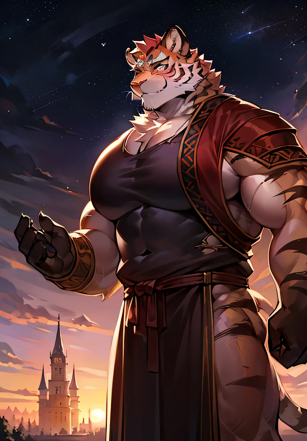 human nature, cannon, male, Solitary, ((Round Face, Handsome,Orange eyes,A small amount of black beard)), ((Endomorph, Handsome，Handsome的)), (Leisure装，White sportswear), ((domestic 狼，Wolf Orc，Demon King), (At the training ground), Bokeh, (high quality, high resolution, Masterpiece 1.2), （Natural fill light，Rich colors，), (Generous smile，full，Leisure), (Face focus), Full body picture (close up), cartoon, author：Takemoto Arashi, by zixiong, By Chunni, author：Empty Ghost，（background：Mountain jungle stream 1.5），，Glow，evening，Starry Sky，Auspicious Clouds，background丰富详细