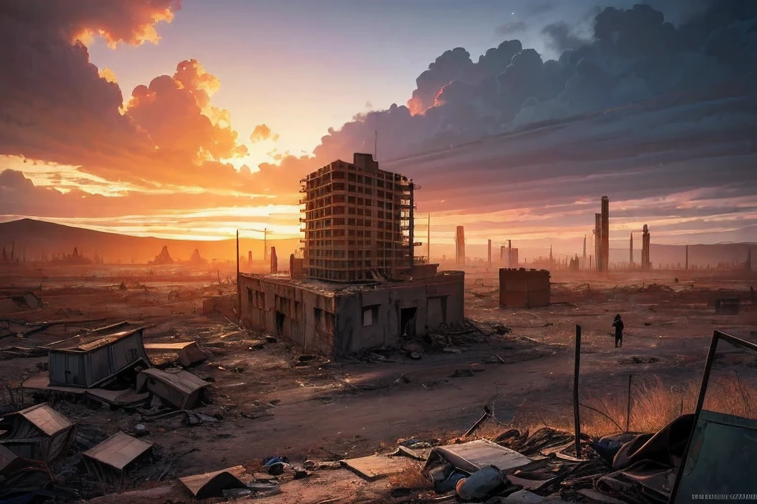 (Post-Apocalyptic Wasteland, Desolate atmosphere, Dystopian landscape), postmodern wasteland, (a survivor:1.4), flame, (8k, RAW photos, best quality, masterpiece, realistic, photograph realistic:1.2)