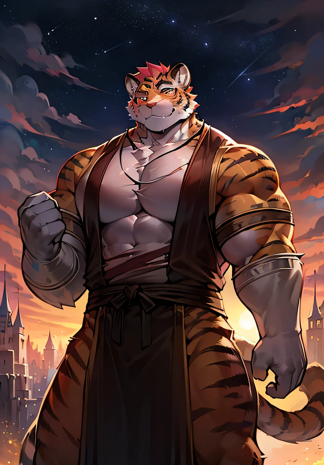 solo male, muscular body, massive pecs, ripped body, bulging pecs, saggy pecs, round pecs, huge pecs, tiger knight, standing under the stars, fantasy background with castle in the distance, facing viewer, head tilted to the side, beautiful sunset sky, wearing tunic, tiger furry character