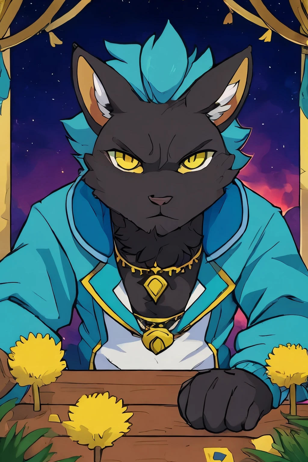 ((best quality)), ((masterpiece)), (detailed), perfect face Masterpiece, posing as The fool tarot card, Male bearded cartoon black cat serious face , anthro cat, an anthro cat, furry character portrait, fursona art,s, pov furry art, fursona furry art commission, anthro paw pov art, anthro art, furry character, realistic anime cat, furry art, yellow dandelion magenta and aqua jacket