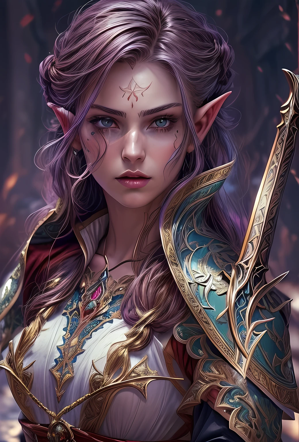 a picture of a female elf (intense details, Masterpiece, best quality: 1.5) fantasy swashbuckler, fantasy fencer, armed with a slim sword, shinning sword, metallic shine, colorful clothes, dynamic clothing, an ultra wide shot, full body (intense details, Masterpiece, best quality: 1.5)epic beautiful female elf (intense details, Masterpiece, best quality: 1.5), rich hair, braided hair, small pointed ears, Sword and shield, GLOWING SWORD [colorful magical sigils in the air],[ colorful arcane markings floating] (intricate details, Masterpiece, best quality: 1.6), holding a [sword] (intricate details, Masterpiece, best quality: 1.6) holding a [sword glowing in red light] fantasy urban street (intense details, Masterpiece, best quality: 1.5),  purple cloak, long cloak (intense details, Masterpiece, best quality: 1.5), sense of daring, sense of adventure,  high details, best quality, 8k, [ultra detailed], masterpiece, best quality, (extremely detailed), dynamic angle, ultra wide shot, photorealistic, RAW, fantasy art, dnd art, fantasy art, realistic art, DonM3lv3s, fantasysword sword, detailed face
d