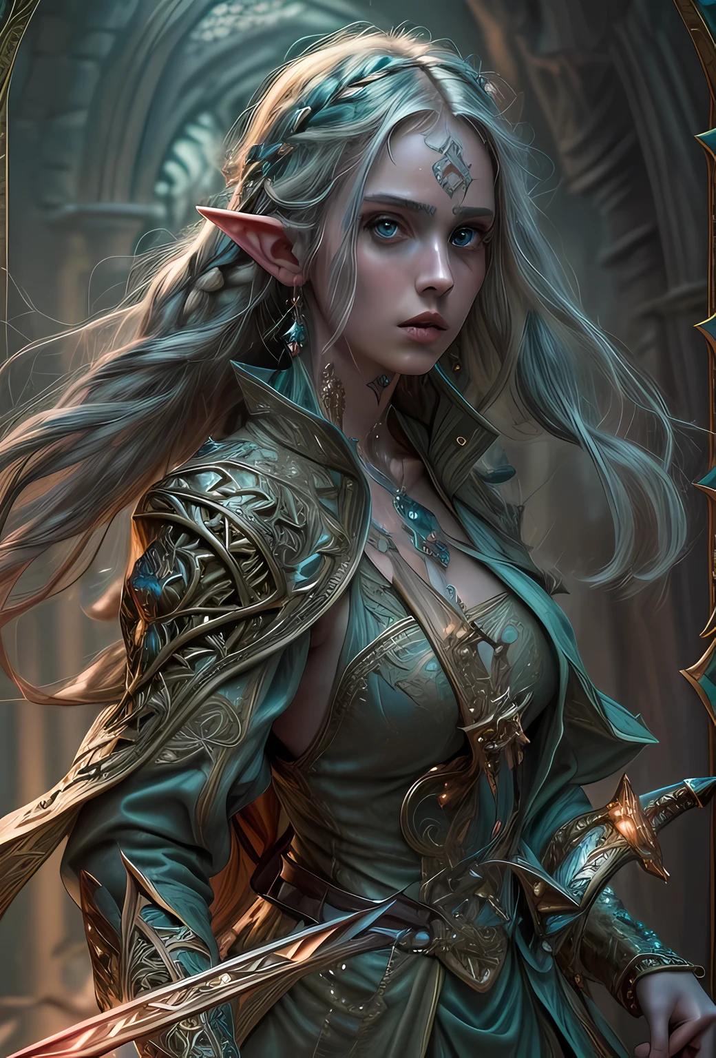 a picture of a female elf (intense details, Masterpiece, best quality: 1.5) fantasy swashbuckler, fantasy fencer, armed with a slim sword, shinning sword, metallic shine, colorful clothes, dynamic clothing, an ultra wide shot, full body (intense details, Masterpiece, best quality: 1.5)epic beautiful female elf (intense details, Masterpiece, best quality: 1.5), rich hair, braided hair, small pointed ears, Sword and shield, GLOWING SWORD [colorful magical sigils in the air],[ colorful arcane markings floating] (intricate details, Masterpiece, best quality: 1.6), holding a [sword] (intricate details, Masterpiece, best quality: 1.6) holding a [sword glowing in red light] fantasy urban street (intense details, Masterpiece, best quality: 1.5),  purple cloak, long cloak (intense details, Masterpiece, best quality: 1.5), sense of daring, sense of adventure,  high details, best quality, 8k, [ultra detailed], masterpiece, best quality, (extremely detailed), dynamic angle, ultra wide shot, photorealistic, RAW, fantasy art, dnd art, fantasy art, realistic art, DonM3lv3s, fantasysword sword, detailed face
d