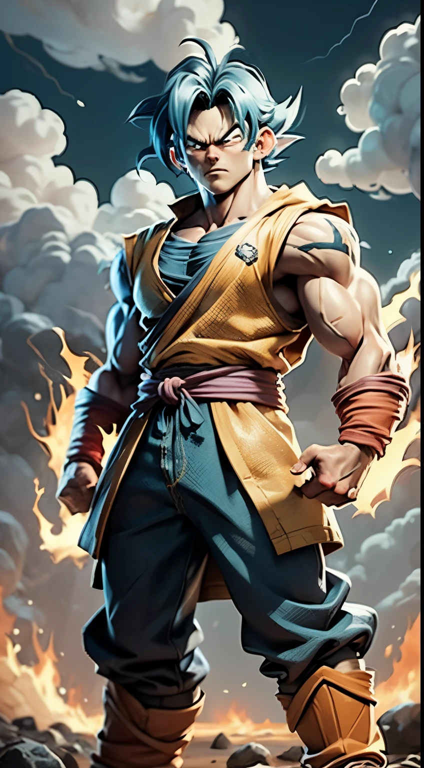 The image depicts Goku, the legendary warrior from the Dragon Ball series, transformed into his Super Saiyan form. He stands tall, muscles tense, with his spiky golden hair flowing upwards. His eyes glow with intense blue energy, and an aura of crackling yellow ki surrounds him. Goku's fists are clenched as he prepares to unleash his devastating power. In the background, the landscape is ablaze with energy, with swirling clouds and crackling lightning adding to the dramatic scene.