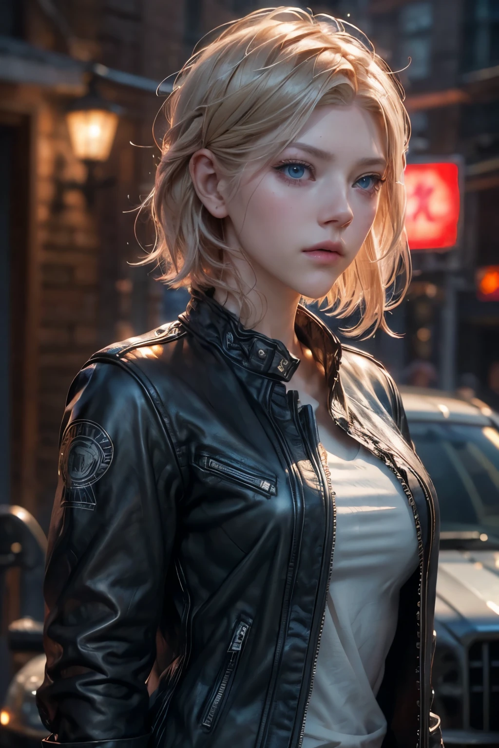 blonde short straight hair, tattooed, smile , vibrant blue eyes, white pale skin, ((Katheryn Winnick)), portrait, rocker clothes, biker clothes, elegant, thin nose, thin chin, tattoos. loose hair, hair falling over one eye, emo bangs. pink lips., bar scene, pub motorclub, High detail RAW colored art, (detailed skin, skin texture), (muscle), (detailed skin, skin texture), intricate details, fine details, hyperdetailed, ray tracing, subsurface scattering, diffuse soft lighting, shallow depth of field, by (Oliver Wetter) Atey Ghailan, by Jeremy Mann, Greg Manchess, Antonio Moro, trend at ArtStation, trend at CGSociety, Intricate, High Detail, Sharp focus, dramatic and photorealistic painting art by midjourney and greg rutkowski, bokeh in the background, motorclub jacket, best quality, masterpiece, only 1girl, Halfbody portrait, natural bright ambient, look at the viewer, leather jacket, tattooed neck, outdoor