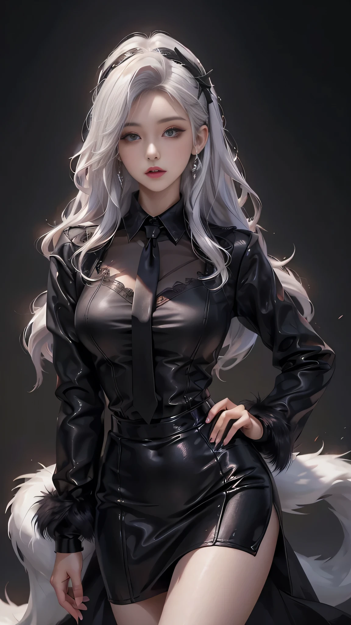 Photorealistic, high resolution, 1 Women, Solo, Hips up,Lolita costume, Beautiful eyes, White hair, ringed eyes, Collared shirt,black necktie,Black skirt, pencil skirts, Fur coat