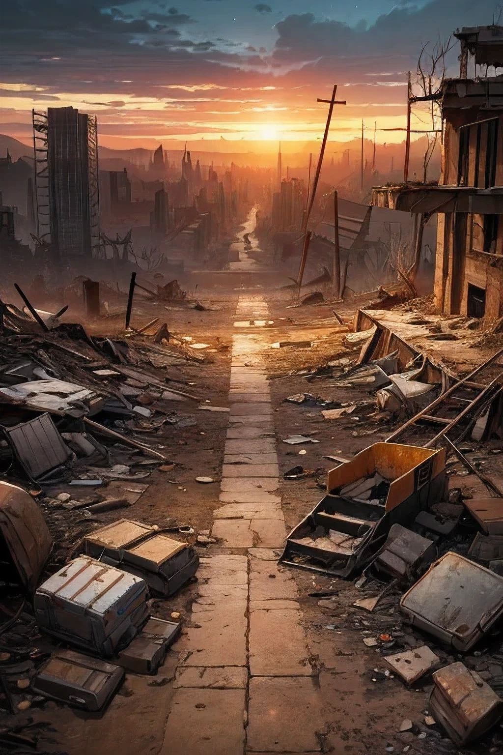 (Post-Apocalyptic Wasteland, Desolate atmosphere, Dystopian landscape), postmodern wasteland, (a survivor:1.4), flame, (8k, RAW photos, best quality, masterpiece, realistic, photograph realistic:1.2)