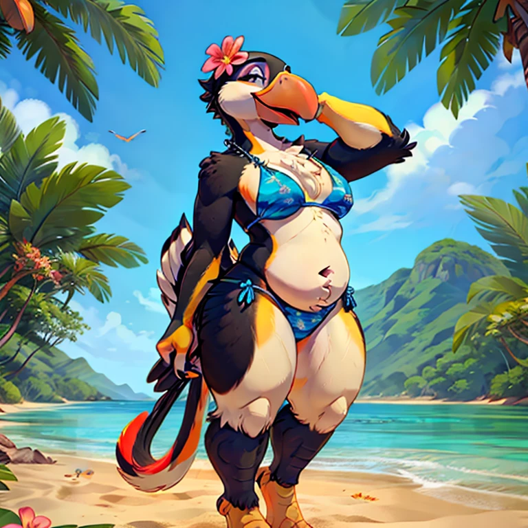 Solo female, toucan, avian, bird, chubby, black feathers, blue bikini, flower lei, holding coconut drink, beach, Hawaiian, tropical, palm trees in background