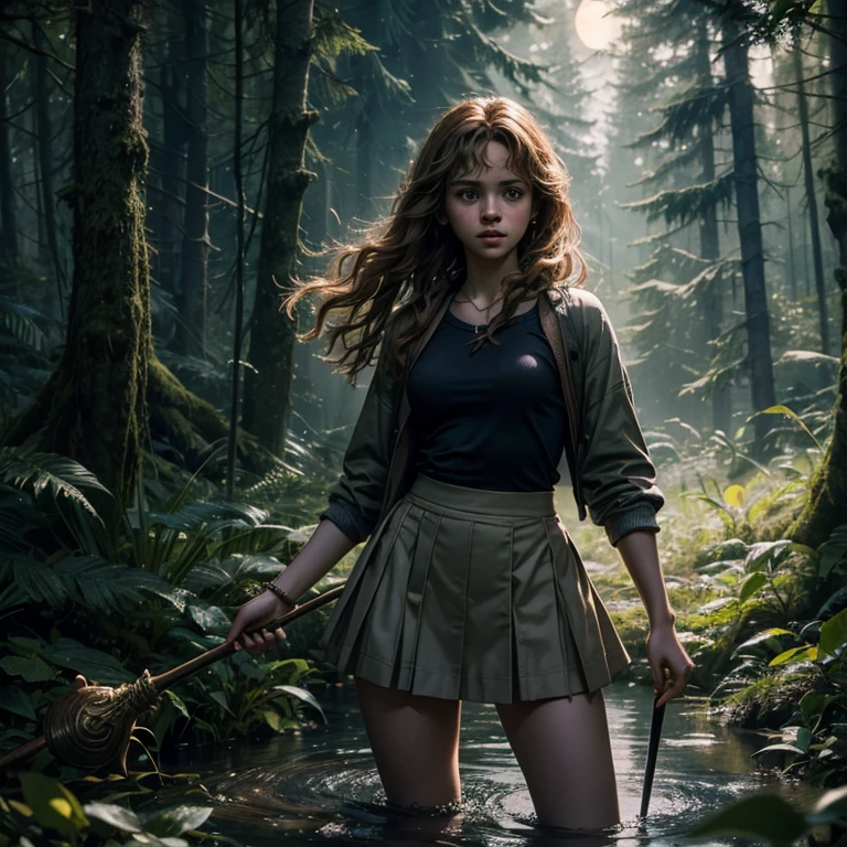 Realistic photography, high quality, Twenty-year-old Hermione Granger catches frogs in a forest clearing near Hogwarts, she is wearing a short skirt and a tight top, thin waist, Moonlight night, thin hips, (unicorn in the distance: 1.1), strong wind, magic light