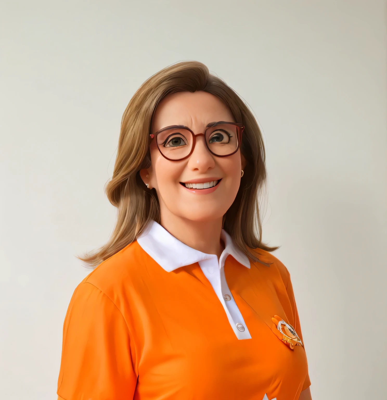 Mulher, 60 anos, cabelo castanho claro, sorridente, Red glasses, camisa laranja com detalhes brancos.