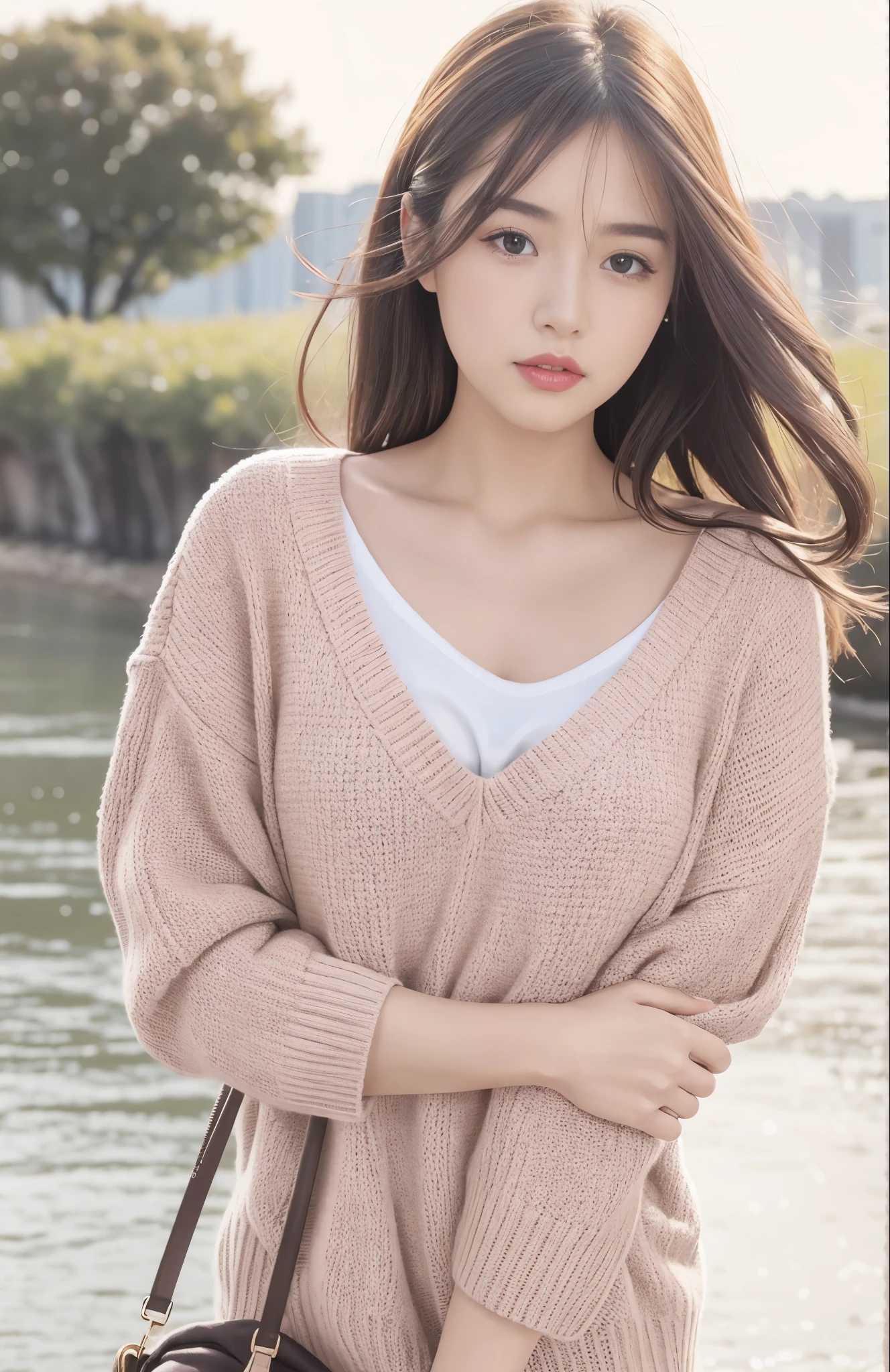 1girl walking on the river, mix4, sweater, pillow, lips, open_mouth, realistic, photo_\(medium\), solo, stuffed_animal, stuffed_toy, teddy_bear, (masterpiece), (realism: 1.3), super detailed, (High detail skin: 1.2), (Best quality: 1.0), (Ultra resolution: 1.0), (ULZZANG-6500: 0.3), wavy detail hair, long hair, sunshine, (beautiful detail makeup), (sexually aroused blush, heavy breath: 1.0), floral theme petals scattered, (soft light bloom: 0.5)