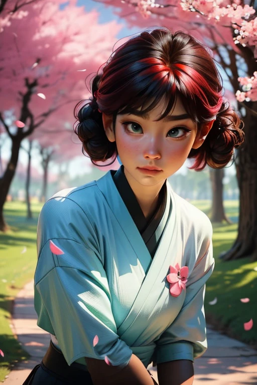 Imagina a Ranma-chan en un momento de calma en medio de un campo de cerezos en flor.. ella esta en su forma femenina, con su largo cabello rojo que fluye atrapando la suave brisa. His eyes express a mix of determination and serenity as he prepares for a martial arts training session.... Cherry petals dance around., creando un suave, Ethereal environment. Tu postura es segura, pero relajado, reflejando su habilidad como luchadora. Los colores son vibrantes y ricos., con suaves tonos de rosa y verde para el paisaje, resaltando la belleza natural del entorno. Sunlight filtering through the leaves of the trees adds a sense of warmth and tranquility to the scene... Make sure to capture the subtle details of Ranma-chan's face., highlighting their unique characteristics, maintaining a sense of realism and depth.. This work of art should evoke a feeling of calm and power., mostrando a Ranma-chan en su elemento mientras se conecta con la naturaleza y su propia fuerza interior.