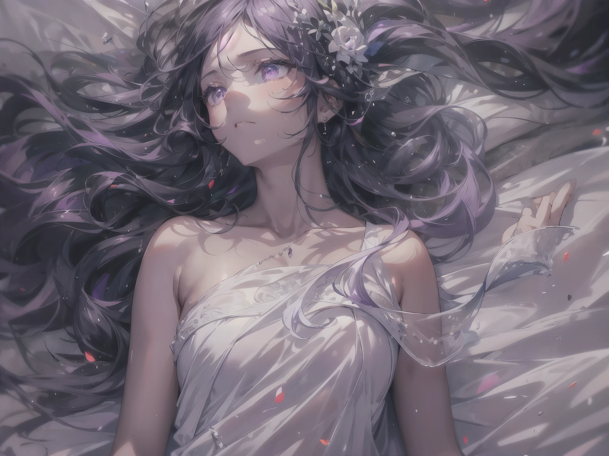 (overhead view), 1girl, (masterpiece, best quality, ultra-detailed), oil painting, soft brush strokes, sharp focus, detailed face, face focus, extremely detailed eyes, long hair, straight bangs, parted bangs, crown braid, purple hair with yellow streaks, purple eyes, long eyelashes, (rosy cheeks, indifferent, flawless skin), delicate makeup, medium breasts, black and white jewelry, ((colors of clothing: black and white, flowy dress with complex designs)), surrounded bywhite particles, ethereal and dreamy, magical, dawn, breeze, cinematic lighting, rim lightning, ray tracing, shadowing, dynamic angle