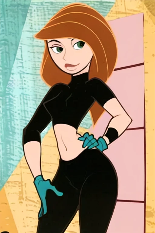 kimberly ann possible, 1girl, abs, bandaid, brown hair, breasts, fingerless gloves, gloves, green eyes, green legwear, large breasts, lips, long hair, midriff, navel, pants, pose, solo, thighs, toned