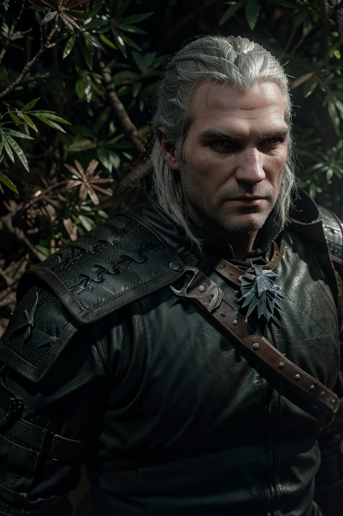 Geralt de Ruiva (The Witcher 3), empunhando sua espada de prata, em cima de seu cavalo (carpeado), olhos brilhantes, em uma floresta (estrada de terra), noite, luz do luar, lua cheia, a lot of human skulls around 