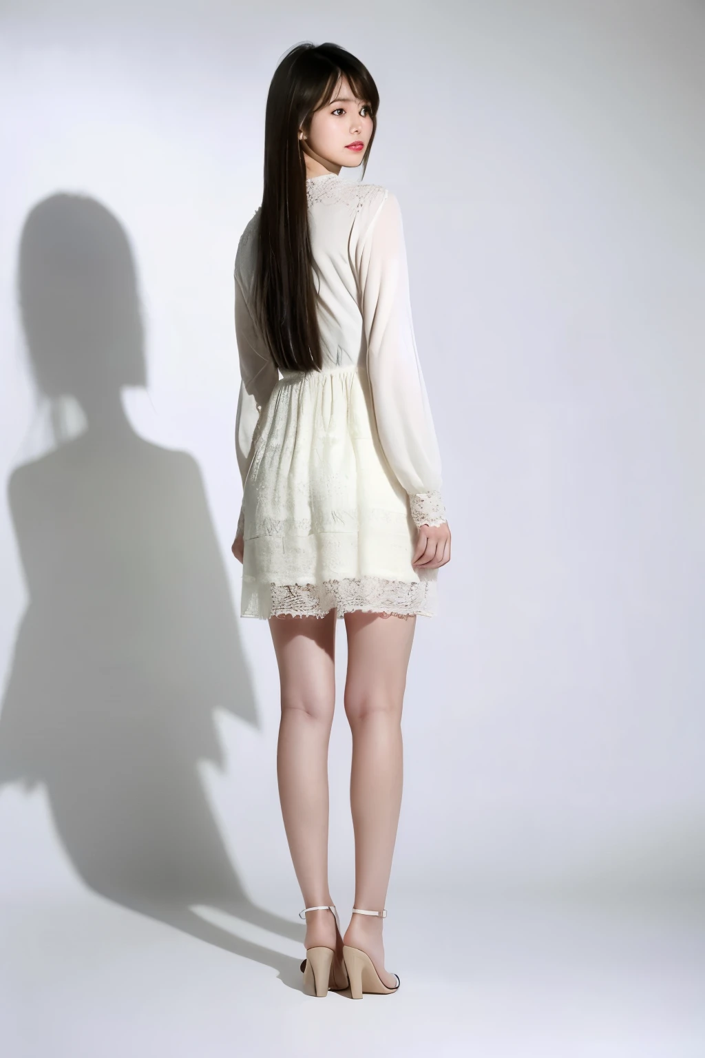 ((highest quality)), ((masterpiece)), (detailed), Perfect Face,Back hair only,Does not extend beyond the screen from head to toe,whole body,standing from behind,Slender Japanese woman,Dress with long sleeves,Young Japanese,I have long hair hanging down,Photo quality,color high heels,White background,Beautiful legs,High heels are detailed,The fingers of the hand are detailed.
