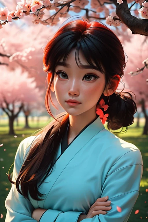 Imagina a Ranma-chan en un momento de calma en medio de un campo de cerezos en flor.. ella esta en su forma femenina, con su largo cabello rojo que fluye atrapando la suave brisa. His eyes express a mix of determination and serenity as he prepares for a martial arts training session.... Cherry petals dance around., creando un suave, Ethereal environment. Tu postura es segura, pero relajado, reflejando su habilidad como luchadora. Los colores son vibrantes y ricos., con suaves tonos de rosa y verde para el paisaje, resaltando la belleza natural del entorno. Sunlight filtering through the leaves of the trees adds a sense of warmth and tranquility to the scene... Make sure to capture the subtle details of Ranma-chan's face., highlighting their unique characteristics, maintaining a sense of realism and depth.. This work of art should evoke a feeling of calm and power., mostrando a Ranma-chan en su elemento mientras se conecta con la naturaleza y su propia fuerza interior.
