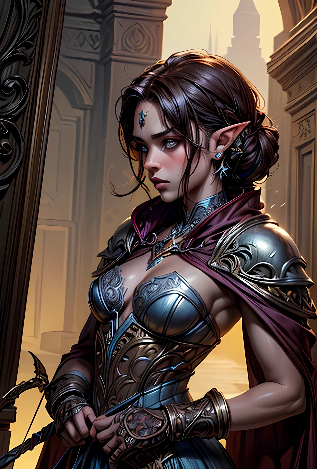 a picture of a female elf (intense details, Masterpiece, best quality: 1.5) fantasy swashbuckler, fantasy fencer, armed with a slim sword, shinning sword, metallic shine, colorful clothes, dynamic clothing, an ultra wide shot, full body (intense details, Masterpiece, best quality: 1.5)epic beautiful female elf (intense details, Masterpiece, best quality: 1.5), rich hair, braided hair, small pointed ears, Sword and shield, GLOWING SWORD [colorful magical sigils in the air],[ colorful arcane markings floating] (intricate details, Masterpiece, best quality: 1.6), holding a [sword] (intricate details, Masterpiece, best quality: 1.6) holding a [sword glowing in red light] fantasy urban street (intense details, Masterpiece, best quality: 1.5),  purple cloak, long cloak (intense details, Masterpiece, best quality: 1.5), sense of daring, sense of adventure,  high details, best quality, 8k, [ultra detailed], masterpiece, best quality, (extremely detailed), dynamic angle, ultra wide shot, photorealistic, RAW, fantasy art, dnd art, fantasy art, realistic art, DonM3lv3s, fantasysword sword, detailed face
d