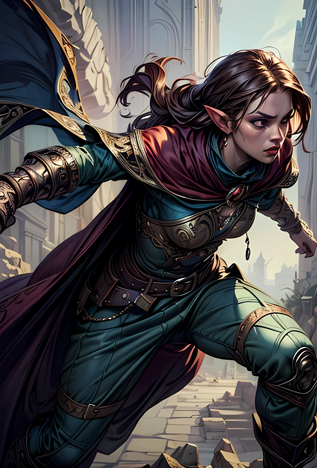 a picture of a female elf (intense details, Masterpiece, best quality: 1.5) fantasy swashbuckler, fantasy fencer, armed with a slim sword, shinning sword, metallic shine, colorful clothes, dynamic clothing, an ultra wide shot, full body (intense details, Masterpiece, best quality: 1.5)epic beautiful female elf (intense details, Masterpiece, best quality: 1.5), rich hair, braided hair, small pointed ears, Sword and shield, GLOWING SWORD [colorful magical sigils in the air],[ colorful arcane markings floating] (intricate details, Masterpiece, best quality: 1.6), holding a [sword] (intricate details, Masterpiece, best quality: 1.6) holding a [sword glowing in red light] fantasy urban street (intense details, Masterpiece, best quality: 1.5),  purple cloak, long cloak (intense details, Masterpiece, best quality: 1.5), sense of daring, sense of adventure,  high details, best quality, 8k, [ultra detailed], masterpiece, best quality, (extremely detailed), dynamic angle, ultra wide shot, photorealistic, RAW, fantasy art, dnd art, fantasy art, realistic art, DonM3lv3s, fantasysword sword, detailed face
d