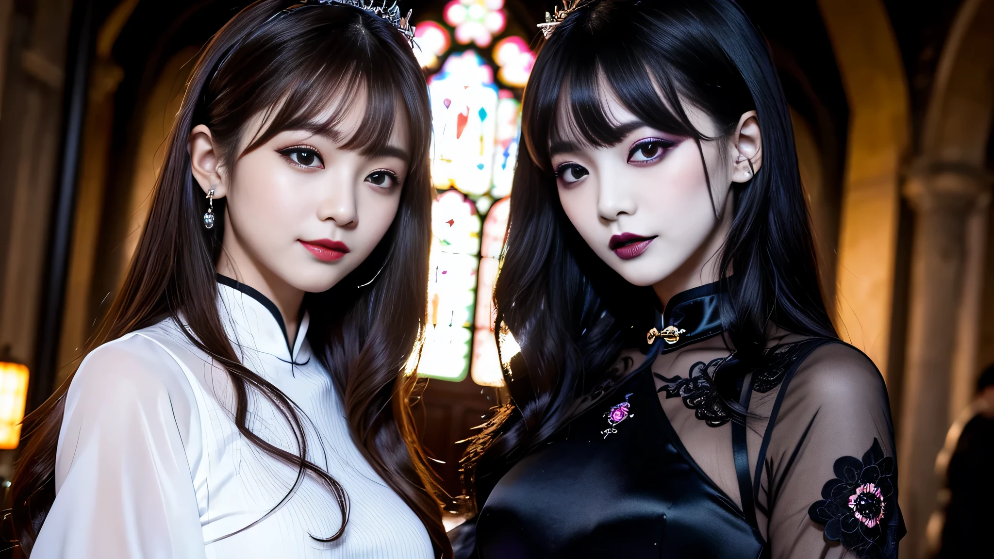 2girls、best quality、ultra-detailed、4k、Japanese、Seductive beauty、seductive adult woman、Pretty Woman、cool girl、Villainess、Brainwashed、brainwash、Fallen into evil、smirk、Evil look、Wicked Smile、evil、Brown hair、wavy hair、swept bangs、dark makeup、dark makeup、piercing eyes、hollow eyes,half-closed eyes、Hollow Eyes、Purple Eyeshadow、black lipstick、black lipglos、Long Black Cheongsam、Wide sleeves、night、inside church、Applying lipstick、