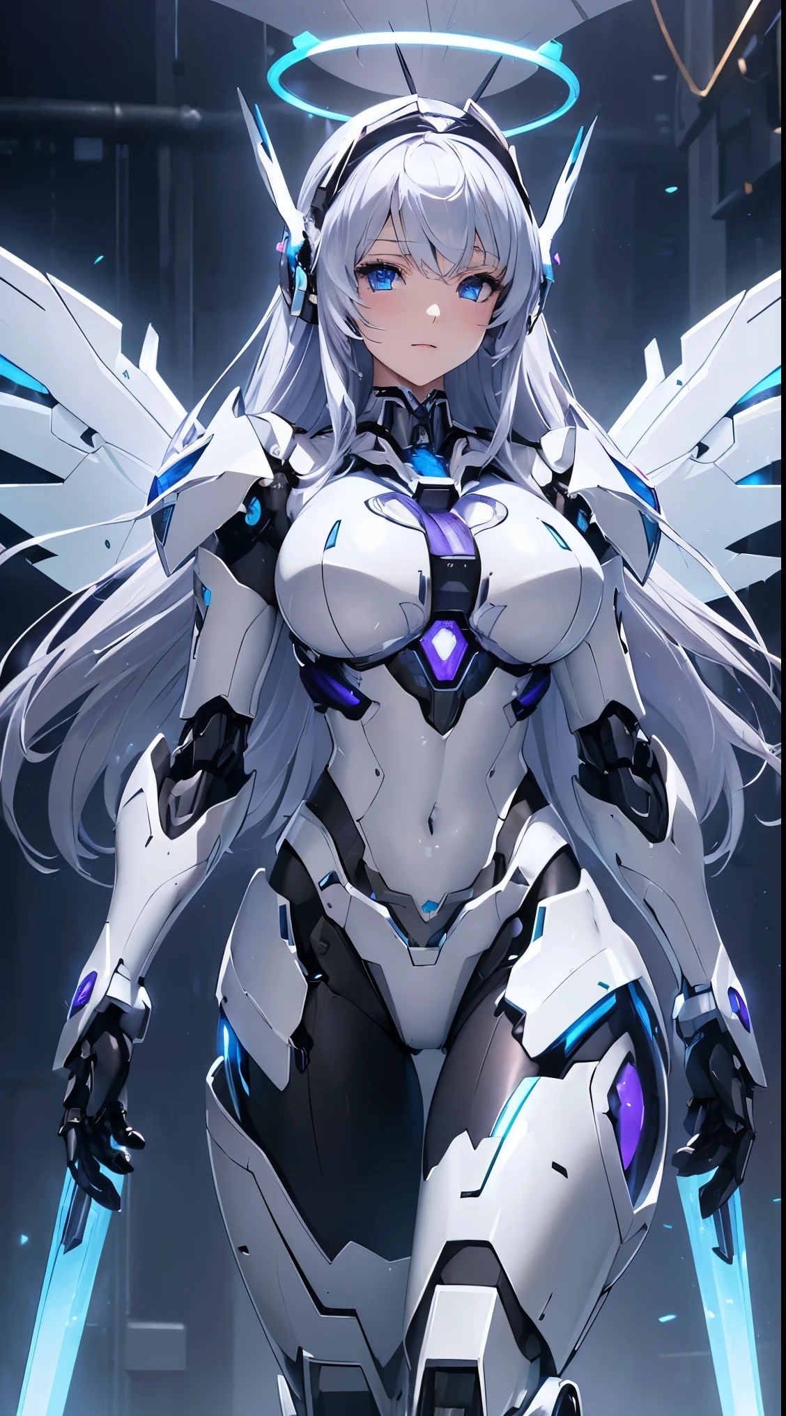 ((Lenses shining on both breasts:1.3))、((Columns of glowing blue light emanating from both chests:1.3))、(Dynamic pose:1.6)、smile、((8k)), ((32k)), ((highest quality)), ((masterpiece)), ((超A high resolution)), ((Tmasterpiece)), ((halo:1.4))、((Mechaニカルheadgear:1.2))、((Cyber Headphones:1.3))Fine skin, High quality fabric, Fine metal texture、((Beautiful and dense face))、RAW Photos、Professional, Ultra-fine painting, ((alone)), Beautiful breasts、highest quality, Very detailed, Very detailed詳細, Finer details, so beautiful, ((Princess Knight Robot:1.2)),  (Joint of the machine, Mechanical Limbs:1.3), (The internal structure of the machine is exposed:1.3), (Long silver hair:1.1), (Beautiful and huge mechanical breasts)、White Veil, cowboy_shot, Side Focus, headgear, Shiny、(Five Fingers, Four fingers and thumb),Concept Art, Anime fantasy artwork, Detailed fantasy art, (with pale blue-violet hair and large white wings,,,,,,), (((Long silver hair))), (Mecha:1.6)、Sleek and intimidating design, ((Commander in Chief&#39;s Arms)), (Perfect robot body)、Pure white and blue-purple 腕or, symmetrical wings, 8k high quality detailed art, 3D rendering of character art in 8K, neat legs, Defined, Defined fingers,((headshot:1.3))