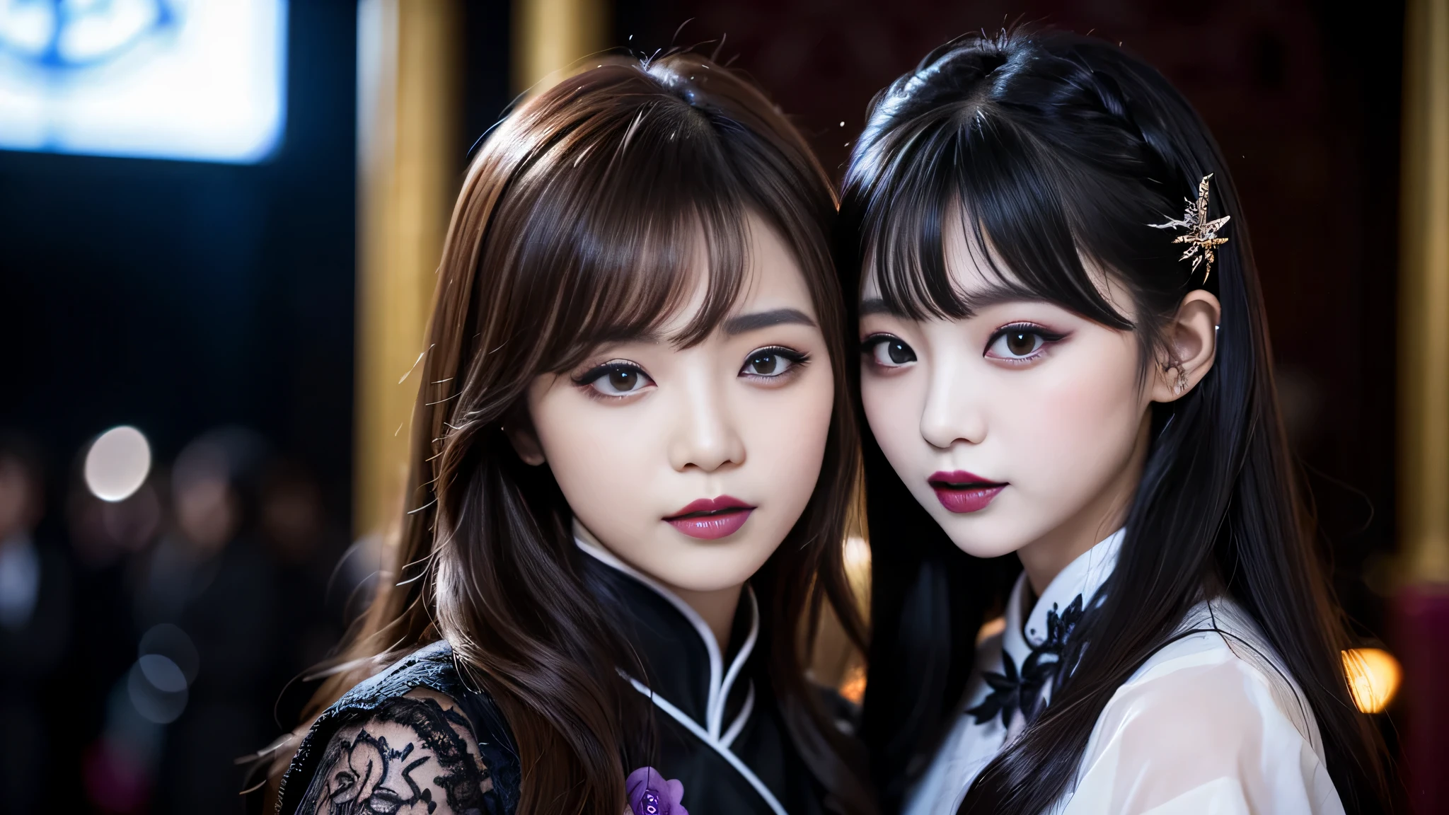 2girls、best quality、ultra-detailed、4k、Japanese、Seductive beauty、seductive adult woman、Pretty Woman、cool girl、Villainess、Brainwashed、brainwash、Fallen into evil、smirk、Evil look、Wicked Smile、evil、Brown hair、wavy hair、swept bangs、dark makeup、dark makeup、piercing eyes、hollow eyes,half-closed eyes、Hollow Eyes、Purple Eyeshadow、black lipstick、black lipglos、Long Black Cheongsam、Wide sleeves、night、inside church、Applying lipstick、