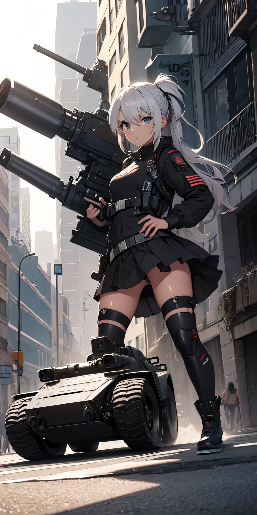 VEHICULO blindado militar FUTURISTA, fibra de carbon , similar a un tanque, dron terrestra, orugas de tanque, the size of 2 humans, longitud 3.5 metros, altura 1.5 metros, torreta con ametralladora garling, random angle, girl in a miniskirt raised with the tip of the cannon inside her vagina