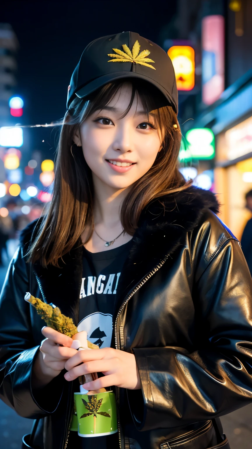 Best-quality, Masterpiece, Ultra-High-Resolution, (Photorealistic:1.4), Raw-Photo, Extremely-Details, Perfect-Anatomy, Ultra-Detailed, 

1girl, -yeld, thost famous Japanese idol, grinning, in Tokyo's main street, ((((walking while smoking lighted marijuana joint)))), 

wearing  black luxurious fur coat, 

extremely cute face llike a most popular Japanese actress, extremely beautiful big black solid circle eyes, extremely beautiful lips, extremely beautiful realistic skins, extremely beautiful body, perfect proportion, 

detailed black baseball cap with cool design, detailed black luxurious fur coat, detailed Tokyo's main street, ((detailed lighted marijuana joint, detailed lots of smoke from lighted marijuana joint))