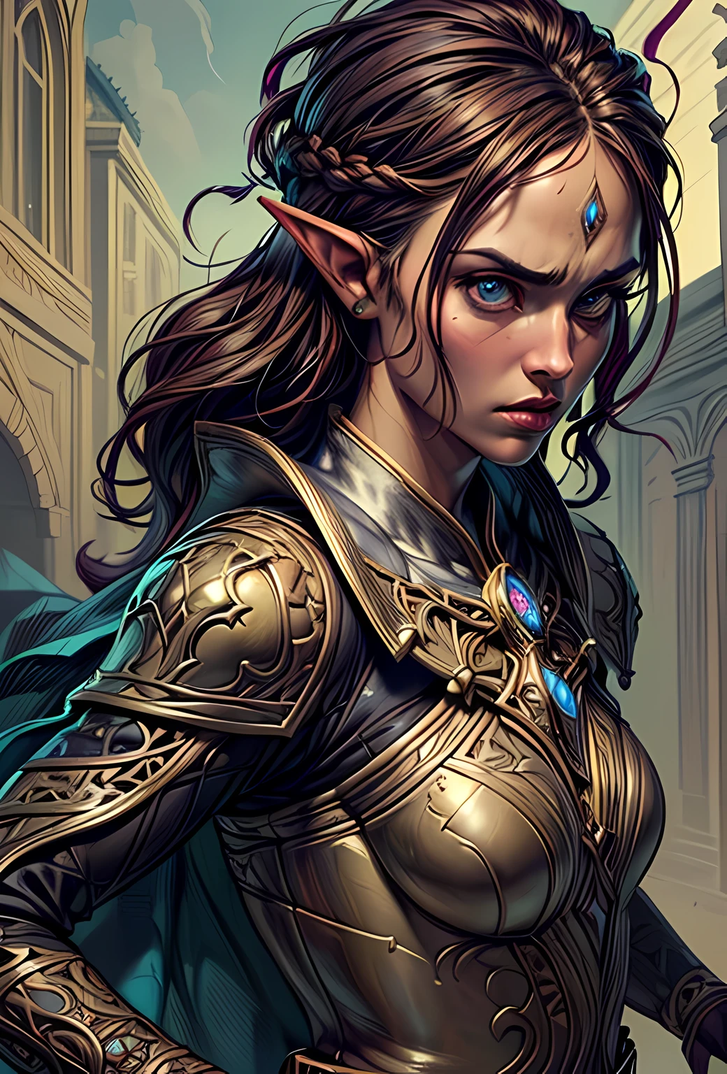 a picture of a female elf (intense details, Masterpiece, best quality: 1.5) fantasy swashbuckler, fantasy fencer, armed with a slim sword, shinning sword, metallic shine, colorful clothes, dynamic clothing, an ultra wide shot, full body (intense details, Masterpiece, best quality: 1.5)epic beautiful female elf (intense details, Masterpiece, best quality: 1.5), rich hair, braided hair, small pointed ears, Sword and shield, GLOWING SWORD [colorful magical sigils in the air],[ colorful arcane markings floating] (intricate details, Masterpiece, best quality: 1.6), holding a [sword] (intricate details, Masterpiece, best quality: 1.6) holding a [sword glowing in red light] fantasy urban street (intense details, Masterpiece, best quality: 1.5),  purple cloak, long cloak (intense details, Masterpiece, best quality: 1.5), sense of daring, sense of adventure,  high details, best quality, 8k, [ultra detailed], masterpiece, best quality, (extremely detailed), dynamic angle, ultra wide shot, photorealistic, RAW, fantasy art, dnd art, fantasy art, realistic art, DonM3lv3s, fantasysword sword, detailed face
d