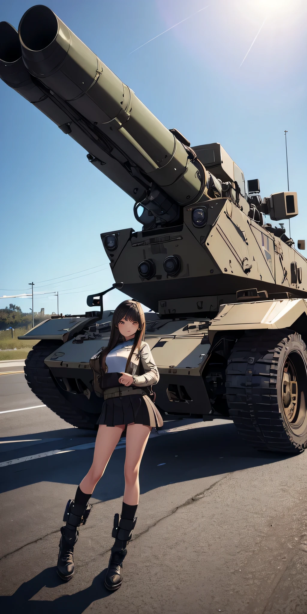 VEHICULO blindado militar FUTURISTA, fibra de carbon , similar a un tanque, dron terrestra, orugas de tanque, the size of 2 humans, longitud 3.5 metros, altura 1.5 metros, torreta con ametralladora garling, random angle, girl in a miniskirt raised with the tip of the cannon inside her vagina