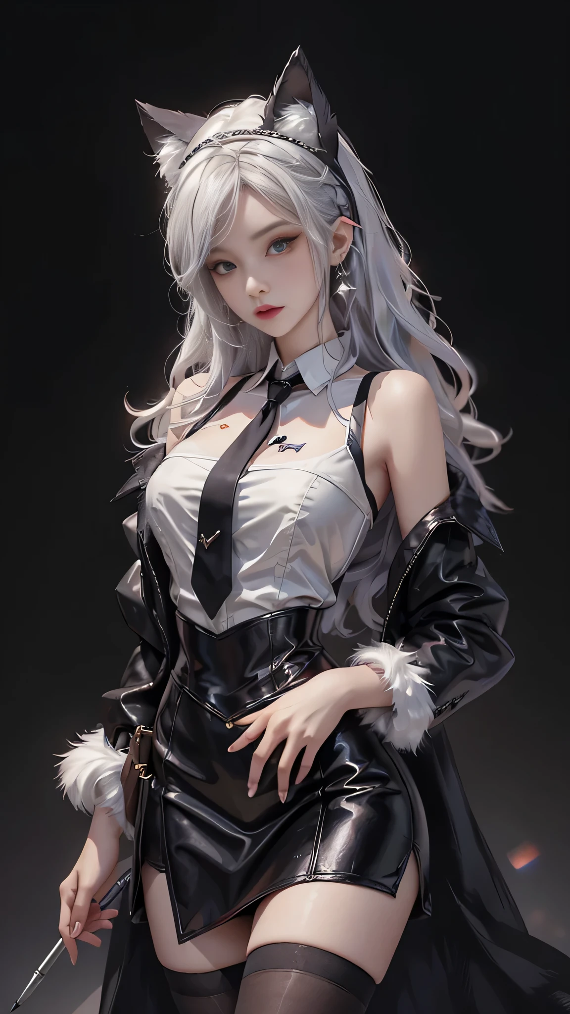 Photorealistic, high resolution, 1 Women, Solo, Hips up,ta costume, Beautiful eyes, White hair, ringed eyes, Collared shirt,black necktie,Black skirt, pencil skirts, Fur coat