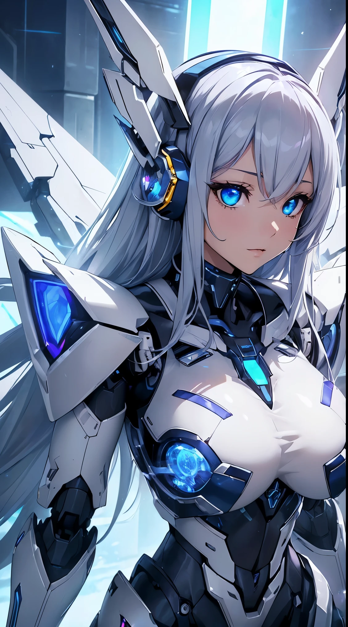 ((Lenses shining on both breasts:1.3))、((Columns of glowing blue light emanating from both chests:1.3))、(Dynamic pose:1.6)、smile、((8k)), ((32k)), ((highest quality)), ((masterpiece)), ((超A high resolution)), ((Tmasterpiece)), ((halo:1.4))、((Mechaニカルheadgear:1.2))、((Cyber Headphones:1.3))Fine skin, High quality fabric, Fine metal texture、((Beautiful and dense face))、RAW Photos、Professional, Ultra-fine painting, ((alone)), Beautiful breasts、highest quality, Very detailed, Very detailed詳細, Finer details, so beautiful, ((Princess Knight Robot:1.2)), (Joint of the machine, Mechanical Limbs:1.3), (The internal structure of the machine is exposed:1.3), (Long silver hair:1.1), (Beautiful and huge mechanical breasts)、White Veil, cowboy_shot, Side Focus, headgear, Shiny、(Five Fingers, Four fingers and thumb),Concept Art, Anime fantasy artwork, Detailed fantasy art, (with pale blue-violet hair and large white wings,,,,,,), (((Long silver hair))), (Mecha:1.6)、Sleek and intimidating design, ((Commander in Chief's Arms)), (Perfect robot body)、Pure white and blue-purple 腕or, symmetrical wings, 8k high quality detailed art, 3D rendering of character art in 8K, neat legs, Defined, Defined fingers,((headshot:1.3))