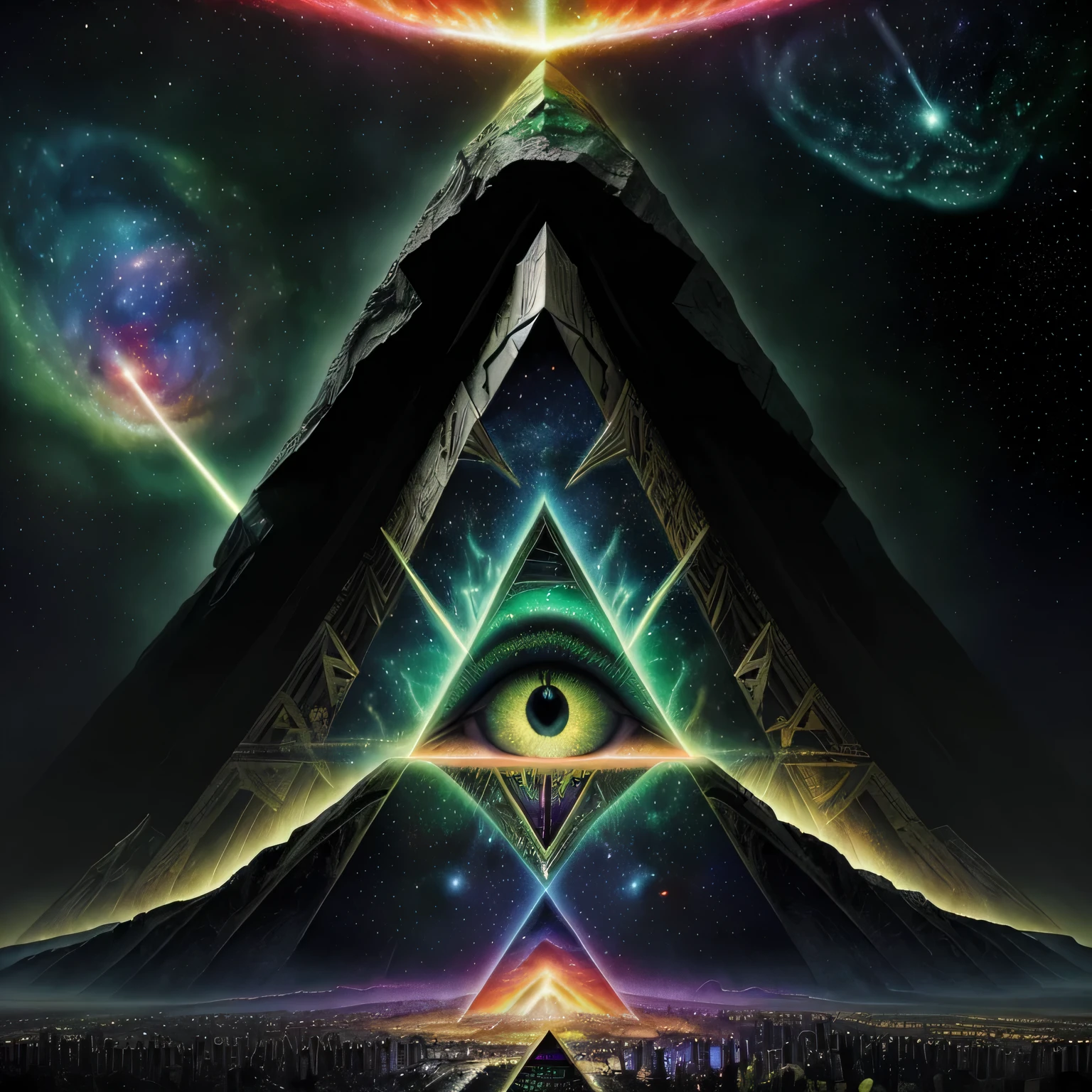 Masterpiece, full art, full color, paint, big green eye illuminati, pyramide os délabrée illuminati, ossements, oeil qui voit tout, big brother, slice of pyramide, background univers, galaxy, chaos, genesis, armagedon, amazing, particules neuronal, explosion supernova, ultra hd, realistic, super detailed