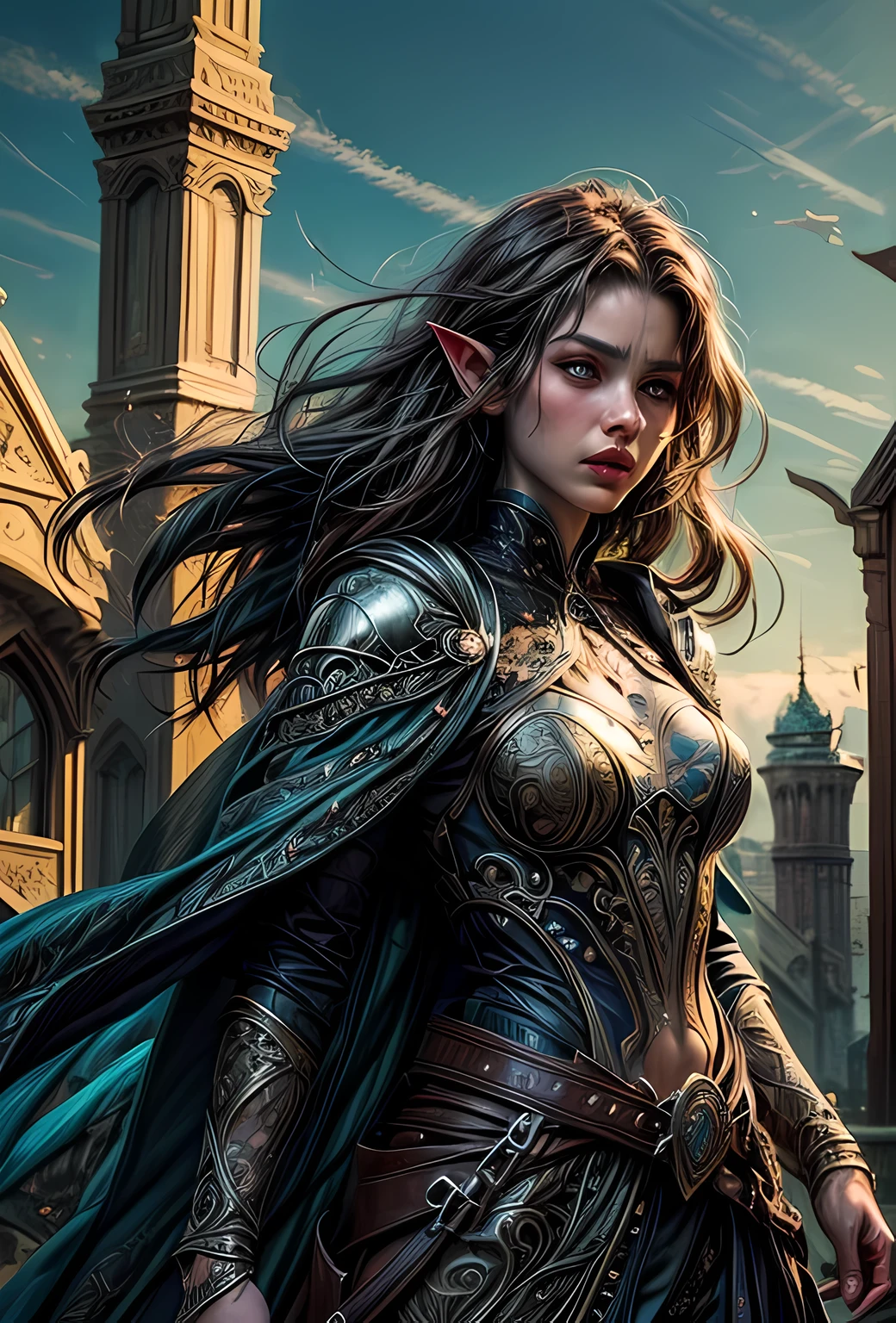 a picture of a female elf (intense details, Masterpiece, best quality: 1.5) fantasy swashbuckler, fantasy fencer, armed with a slim sword, shinning sword, metallic shine, colorful clothes, dynamic clothing, an ultra wide shot, full body (intense details, Masterpiece, best quality: 1.5)epic beautiful female elf (intense details, Masterpiece, best quality: 1.5), rich hair, braided hair, small pointed ears, Sword and shield, GLOWING SWORD [colorful magical sigils in the air],[ colorful arcane markings floating] (intricate details, Masterpiece, best quality: 1.6), holding a [sword] (intricate details, Masterpiece, best quality: 1.6) holding a [sword glowing in red light] fantasy urban street (intense details, Masterpiece, best quality: 1.5),  purple cloak, long cloak (intense details, Masterpiece, best quality: 1.5), sense of daring, sense of adventure,  high details, best quality, 8k, [ultra detailed], masterpiece, best quality, (extremely detailed), dynamic angle, ultra wide shot, photorealistic, RAW, fantasy art, dnd art, fantasy art, realistic art, DonM3lv3s, fantasysword sword, detailed face
d