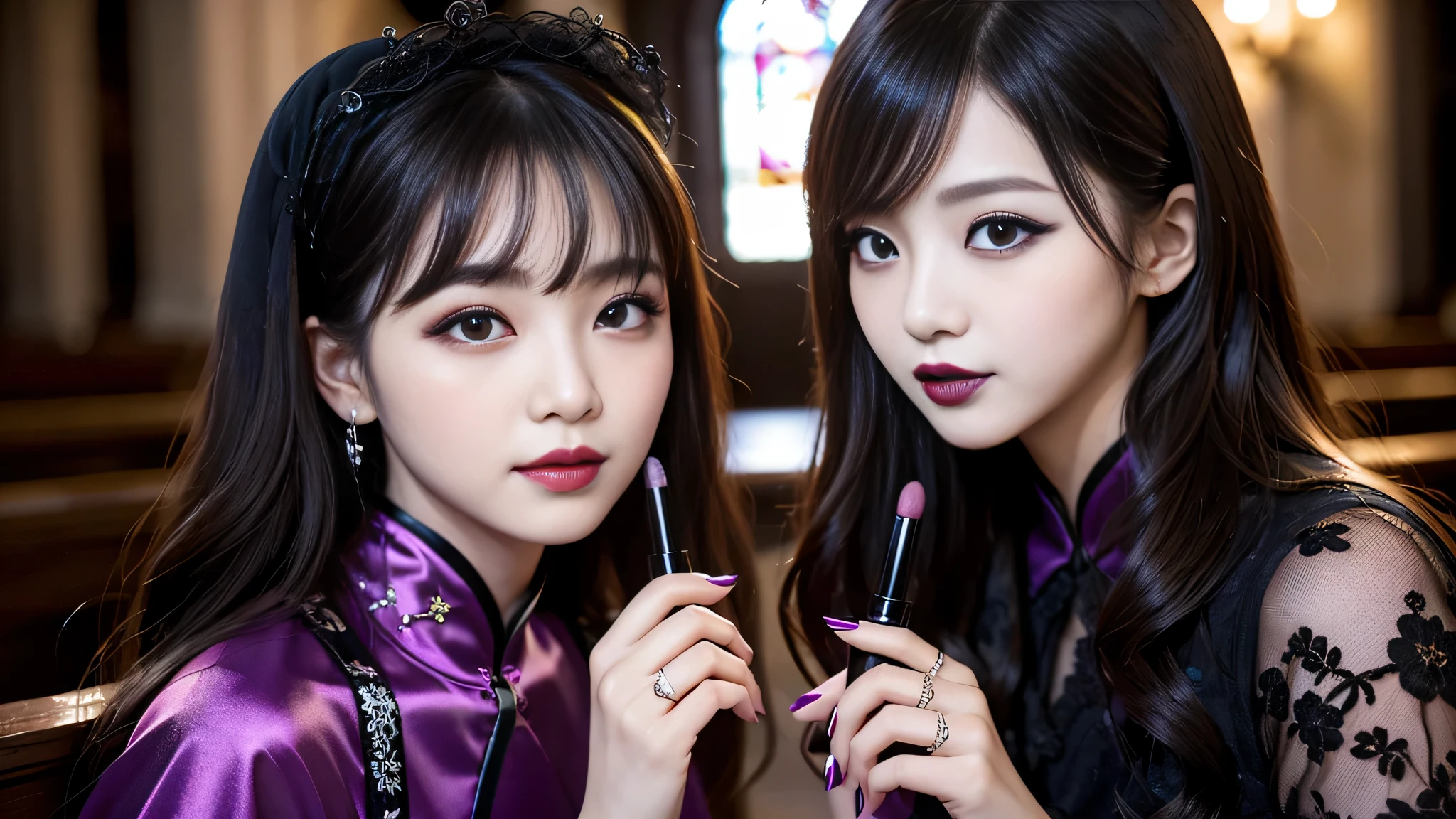 2girls、best quality、ultra-detailed、4k、Japanese、Seductive beauty、seductive adult woman、Pretty Woman、cool girl、Villainess、Brainwashed、brainwash、Fallen into evil、smirk、Evil look、Wicked Smile、evil、Brown hair、wavy hair、swept bangs、dark makeup、dark makeup、piercing eyes、hollow eyes,half-closed eyes、Hollow Eyes、Purple Eyeshadow、black lipstick、black lipglos、Long Black Cheongsam、Wide sleeves、night、inside church、Applying lipstick、