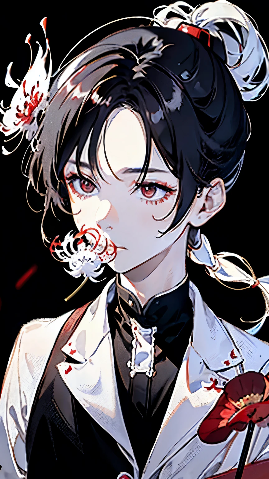 Young Man,((bob wolf,Half Up,dark red,Red-brown,Smooth))hair,((((Rose pattern))Short sleeve))shirt,((blackの))tie,Roll up your sleeves,((black,Japanese style))pants,((((On the back of the right hand))azimuth magnetic needle))tattoo,((((A lot on the left arm))Sixty-four trigrams))tattoo,1 person,((Boy leaning forward))Character Portrait,White Background