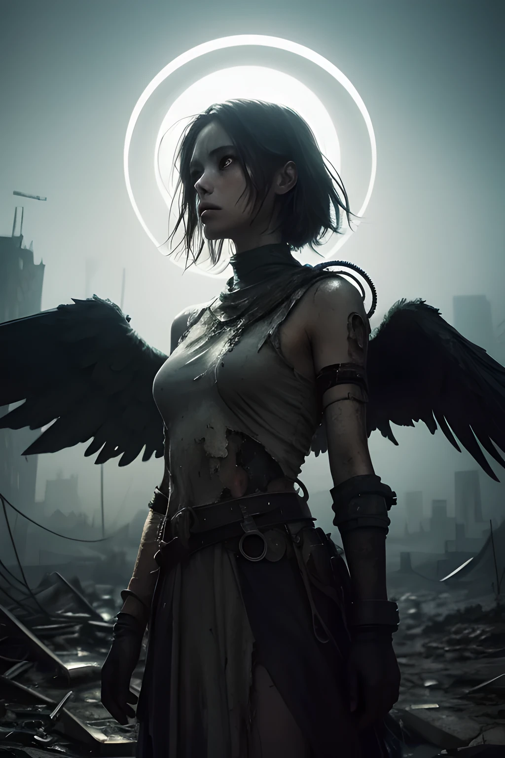 a lost soul in Post-Apocalyptic Wasteland, muted colors, shattered halos, and decaying feathers, showcasing the delicate balance between redemption and despair, digital art, dystopian, high contrast, hauntingly beautiful, 8K, depth of field, film grain, a disfigured angel, 