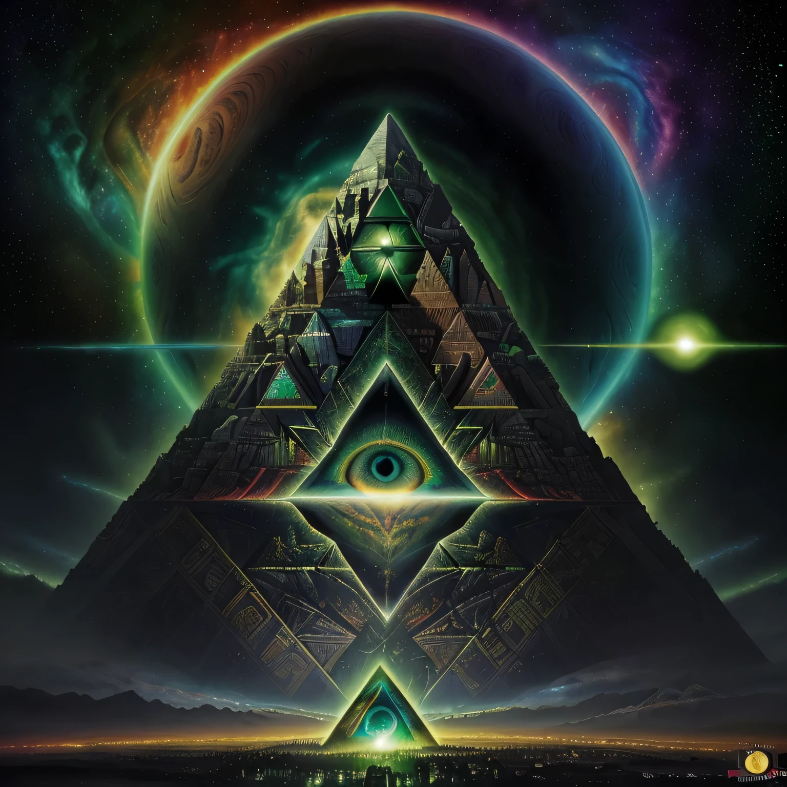 Masterpiece, full art, full color, paint, big green eye illuminati, pyramide os délabrée illuminati, ossements, oeil qui voit tout, big brother, slice of pyramide, background univers, galaxy, chaos, genesis, armagedon, amazing, particules neuronal, explosion supernova, ultra hd, realistic, super detailed