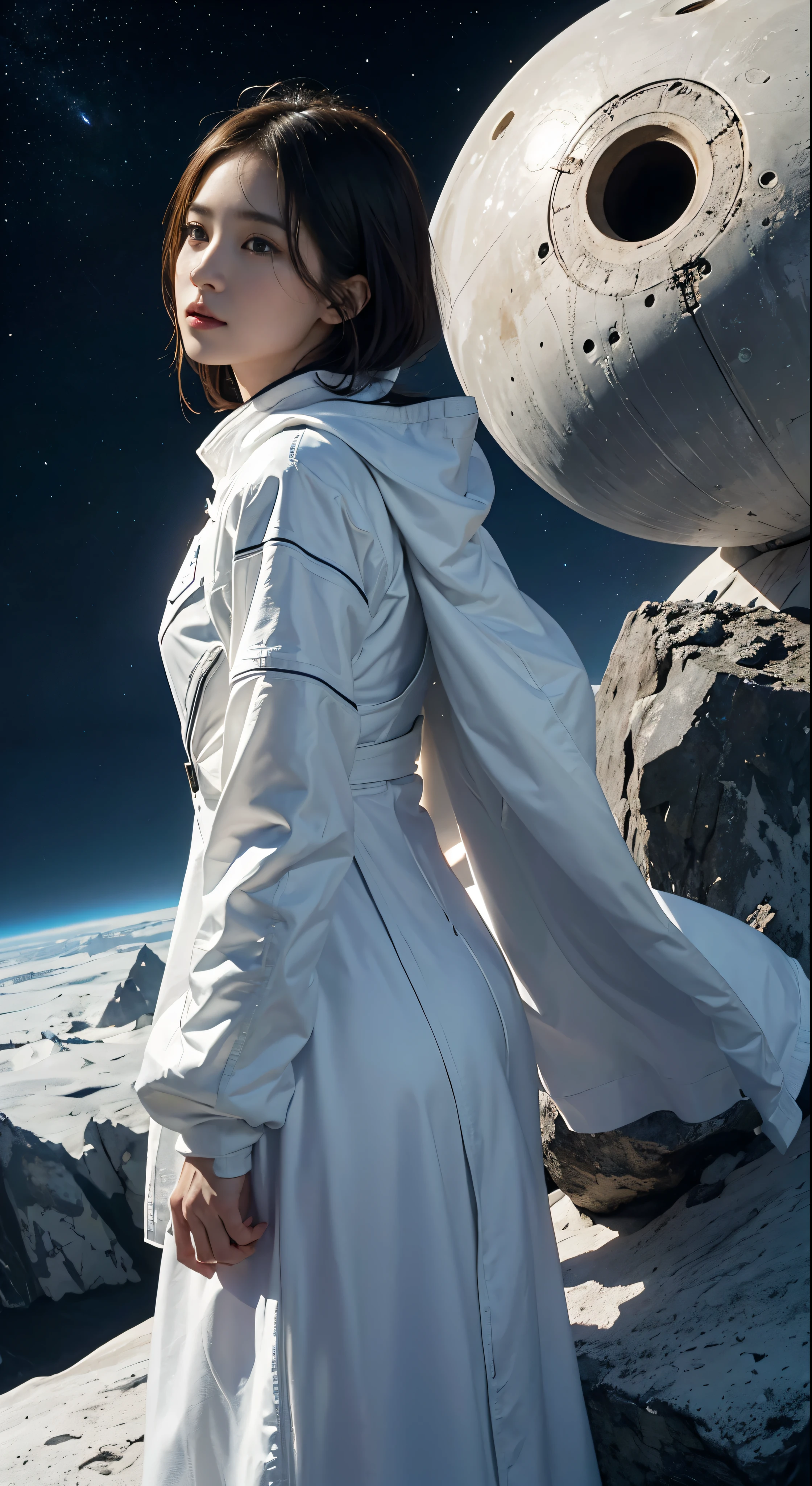 movie「Prometheus」The breathtaking moment of、Dressed in a pure white space suit、A beautiful woman decorated with bold red lines、It's a brave stand against aliens.。Lunar landscape background、The majestic blue and green of the Earth can be seen from behind.、It creates a sense of tension and awe.。