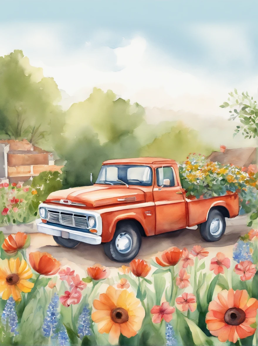 There was a blue truck in the back,There are flowers on it。, Watercolor illustration style, on a bright day, vehicle illustration, hd illustration, added detail, clear day, white bg, Watercolor illustration, with colorful flowers and plants, cheerful mood, WaterColor style, best on adobe stock, Cheerful ambiance, author:Elaine Hamilton, Full of flowers, full color digital illustration