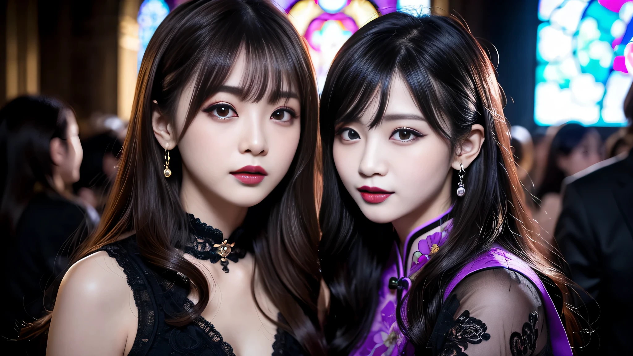 2girls、best quality、ultra-detailed、4k、Japanese、Seductive beauty、seductive adult woman、Pretty Woman、cool girl、Villainess、Brainwashed、brainwash、Fallen into evil、smirk、Evil look、Wicked Smile、evil、Brown hair、wavy hair、swept bangs、dark makeup、dark makeup、piercing eyes、hollow eyes,half-closed eyes、Hollow Eyes、Purple Eyeshadow、black lipstick、black lipglos、Long Black Cheongsam、Wide sleeves、night、inside church、Applying lipstick、
