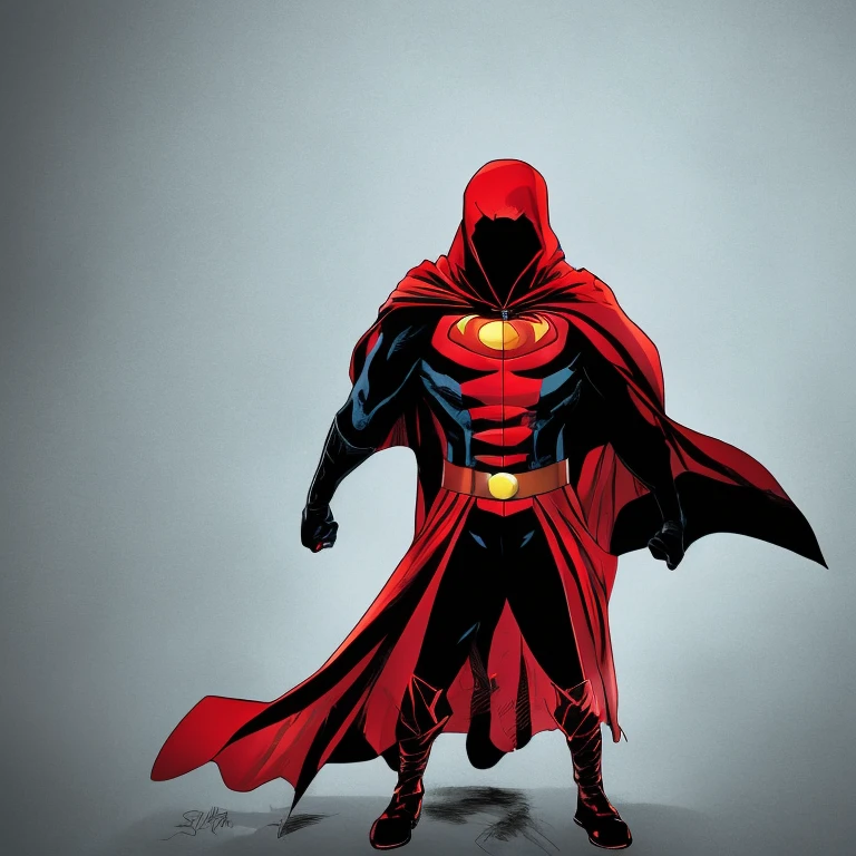 Super hooded hero with shadowed face and bright white eyes, red hood and Black suit without cape 