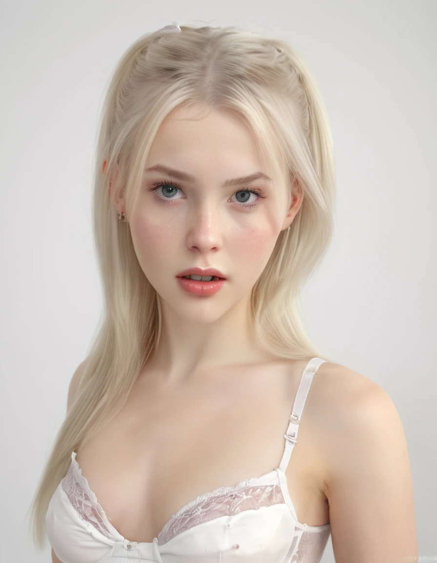 UltraRealistic portrait young nordic woman. Innocent. White pale skin. Long pale blonde hair. Beautiful gray eyes, sweet young pale face. White background, white bra, reallusion character creator, half image, high forehead, each faces precisely define, well-gelled hair, procedurally generated, her face looks like an orchid, 8k.