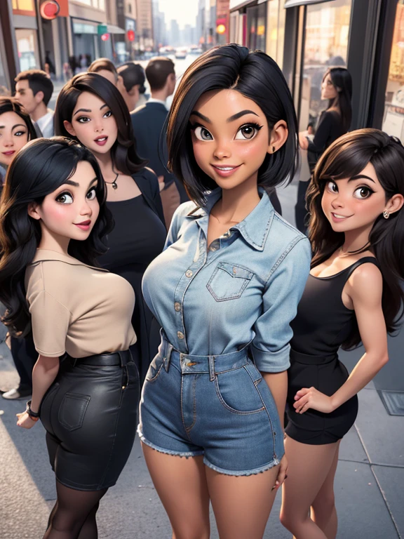Perfect body, group of Young city girls, masterpiece, (solo:1.1), different ethnicities, different ages (18-45 years old), sexy, all fully clothed in different outfits (different colors, formal, casual, dress, shorts, erc), big huge , small waists, round asses, perfect beautiful faces, big eyes, big smile, open mouth. Seen from above
